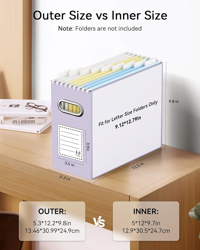 Oterri File Organizer Box, Portable Collapsible Cardboard File Folder Organizer with Handle for Letter Size Hanging Files, Document Storage Box for Home Office & Classroom (8 Packs, Purple)