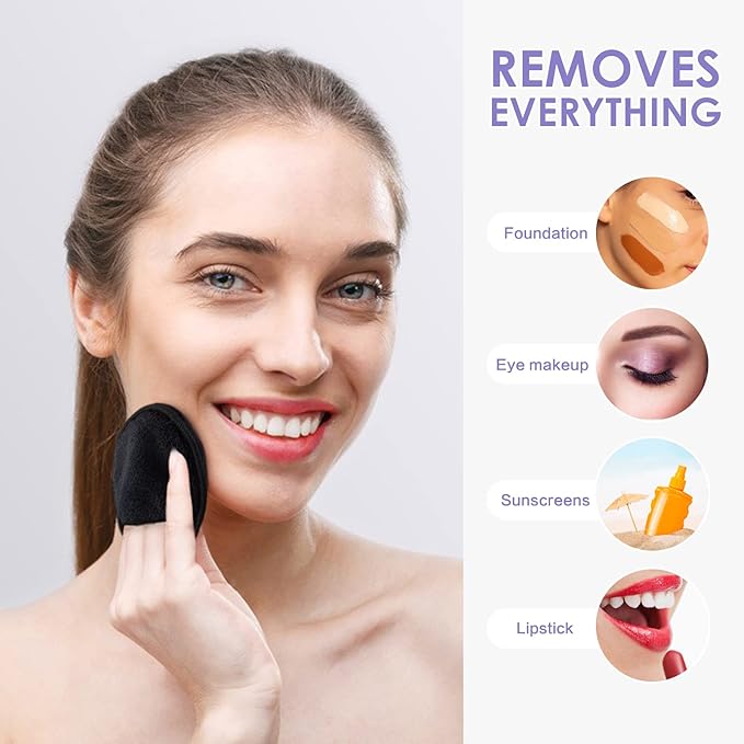 SUNLAND Reusable Makeup Remover Pads for Face,Eyes,Lips 16 Pack Microfiber Face Cleansing Gloves Washable with Laundry Bag and Travel Bag Rounds Toner Pads (Round 3.15inchx16, Black)