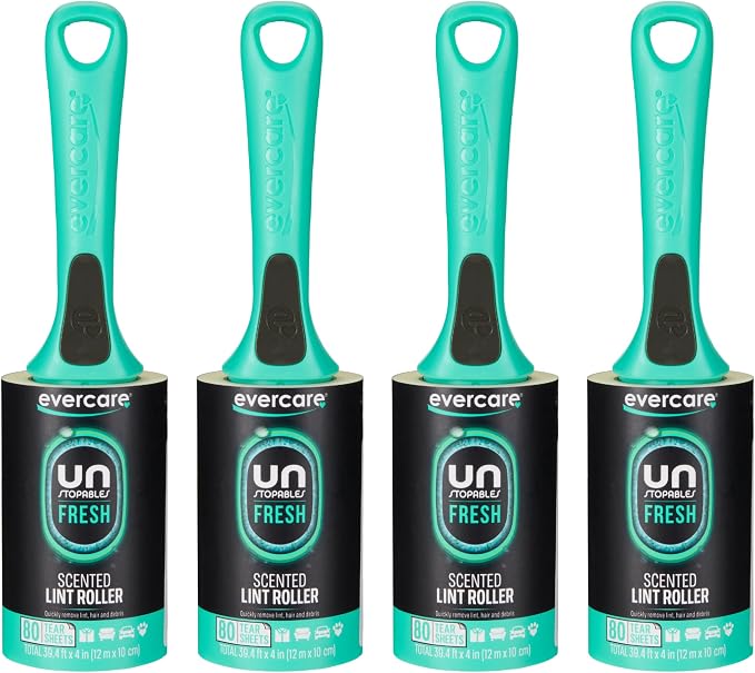 Evercare with Unstopables Fresh Scent All-Purpose Lint Roller, 4-Pack, 80 Layers Per Roller, Total 320 Sticky Sheets, Pet Hair & Lint Remover