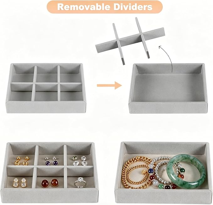Small 8-Piece Velvet Jewelry Drawer Organizer Inserts Stackable Trays