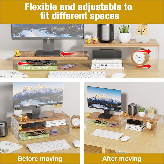 YGYQZ Adjustable Monitor Stand Riser, 9.4" ×19.3" Dual Monitor Desk Stand | Adjustable Monitor Riser, Expandable Desk Organizer, 2-Tier Storage, Acrylic Legs, Ergonomic Workspace, Wood Glacial Striae