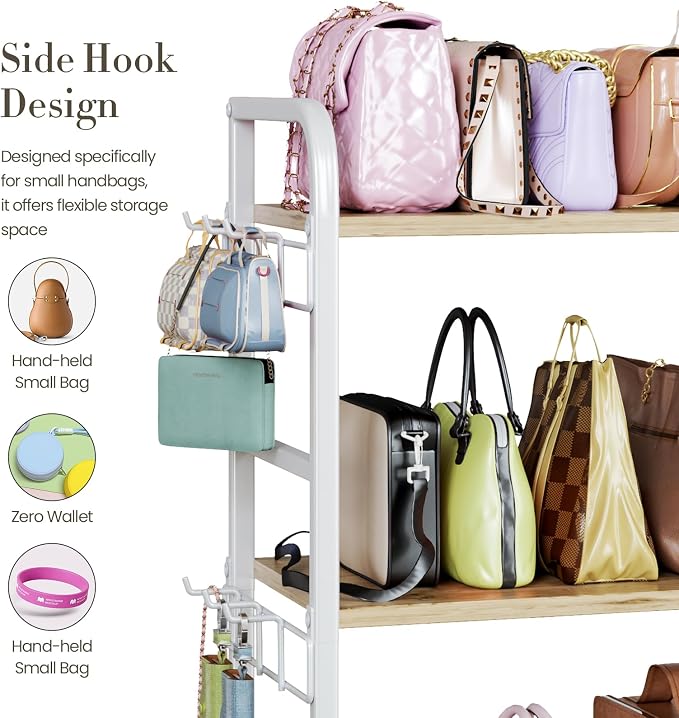 Purse Organizer for Closet, with Bottom Drawer, Extra Large Capacity 3 Tier Handbag Storage Rack for Women, 10 Purse Hanger and Hooks for Bag Organizer, Floor-Standing, Home, Living Room (Wooden)