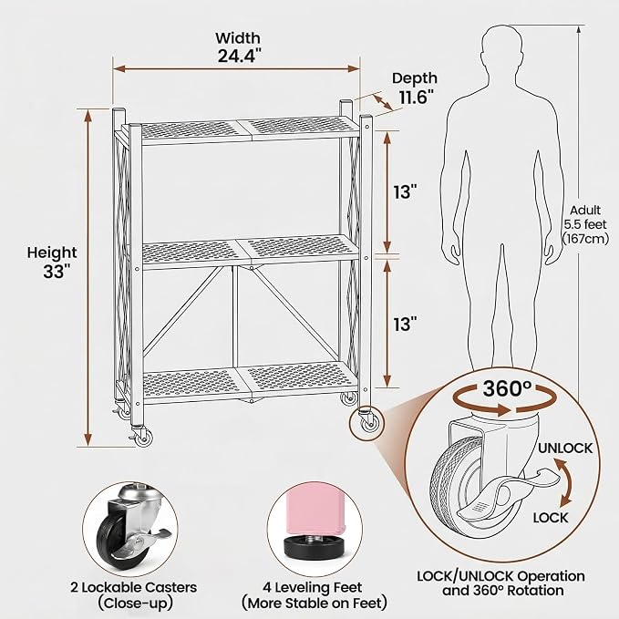ALANNG 3 Tier Folding Storage Shelf on Wheels,Heavy Duty Metal Rolling Cart | Compact & Portable, No Tools Assembly, Folds to 3.9" Flat, Reinforced Iron Frame, Lockable Casters, for Any Room