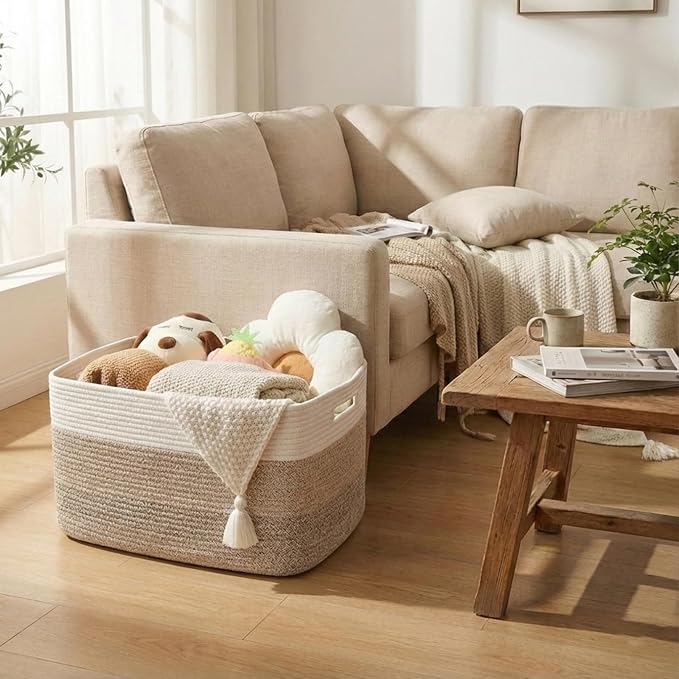 JMvicyroam Woven Blanket Basket,65L Large Storage Bin for Blankets Toys Clothes,Decorative Rope Basket for Living Room Bedroom with Handles, White&Brown