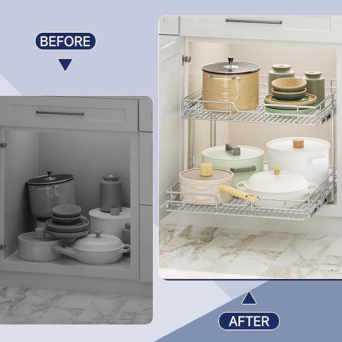 2-Tier Pull Out Cabinet Organizer, 25.5" W x 21.5" D, Heavy Duty Dual Slide Out Shelves for Wide Base Cabinets, Chrome Wire Basket Drawer for Pots, Pans, Pantry & Cleaning Supplies