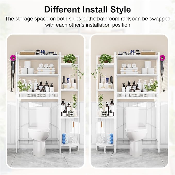 K1 Heavy Duty 7-Tier Over The Toilet Storage（With Basket and Paper Hook）Freestanding Above Toilet Shelf with Adjustable Feet，Space Saver Bathroom Shelves 9.3"D x 33.5"W x 63.8"H，Beige White