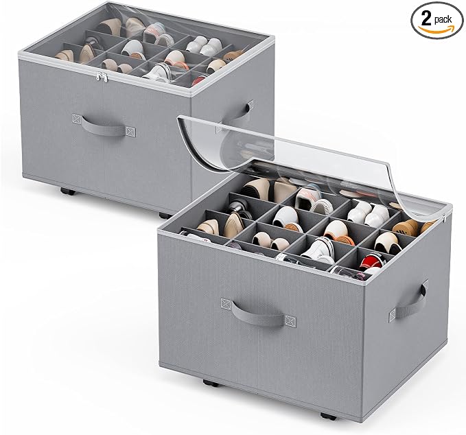 HOUSE AGAIN 2 Pack Shoe Organizer for Closet, Shoe Storage Organizer with Wheels, Foldable Shoe Storage Box with Adjustable Dividers and Clear Cover, Reinforced Handles, Fits up to 16-32 Pairs, Gray