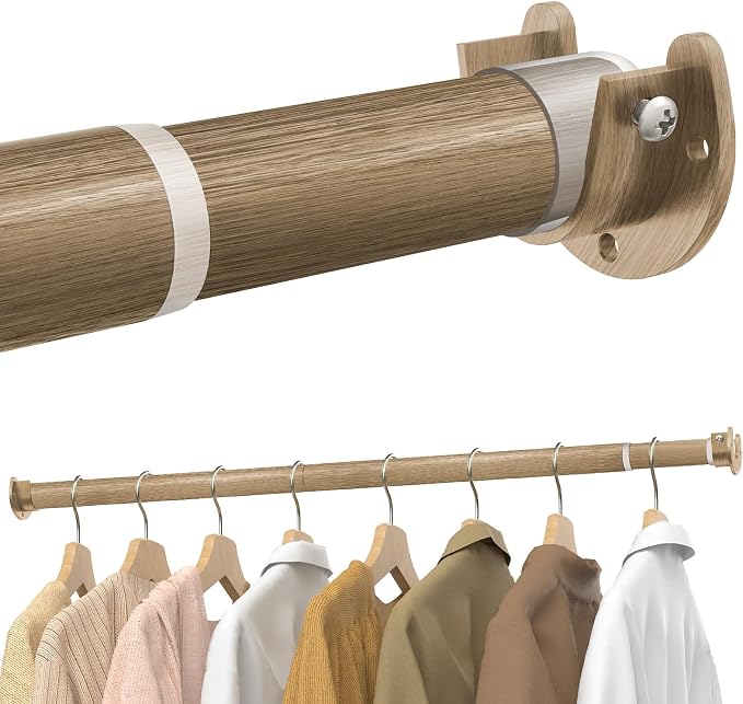 Supforce Closet Rods for Hanging Clothes, 17 to 54 Inches Stepless Adjustable Metal Closet Rod, 1.3 Inches Heavy Duty Clothes Hanging Rod for Closet Wardrobes Laundry RV(Wood Grain)