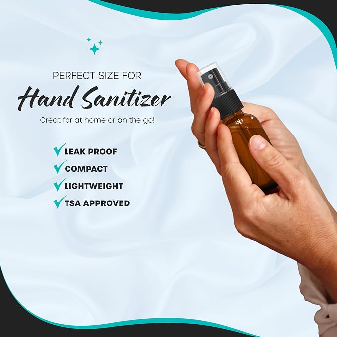 Nevlers Amber Glass Small Travel Spray Bottle 1 Oz Mini Mister 48 Pack Set | Small Glass Spray Bottle with Shrink Wrap, Funnel, Brush, Marker & Labels | Refillable Mini Spray Bottle for Hair & Perfume