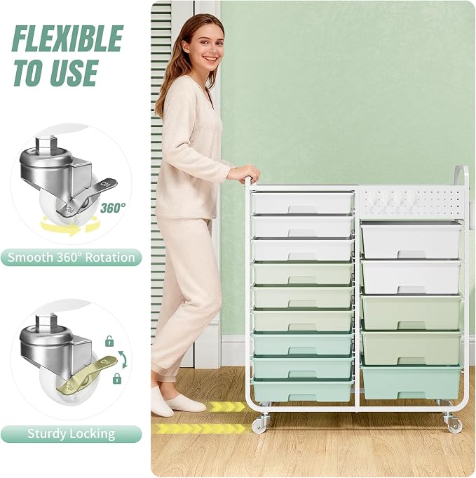 Rolling Storage Cart with 14 Drawers, Storage Organizer Cart with Tabletop and Pegboard,Utility Cart for Living Room, Classroom, Bedroom,Bathroom,Dorm,Office (Green)