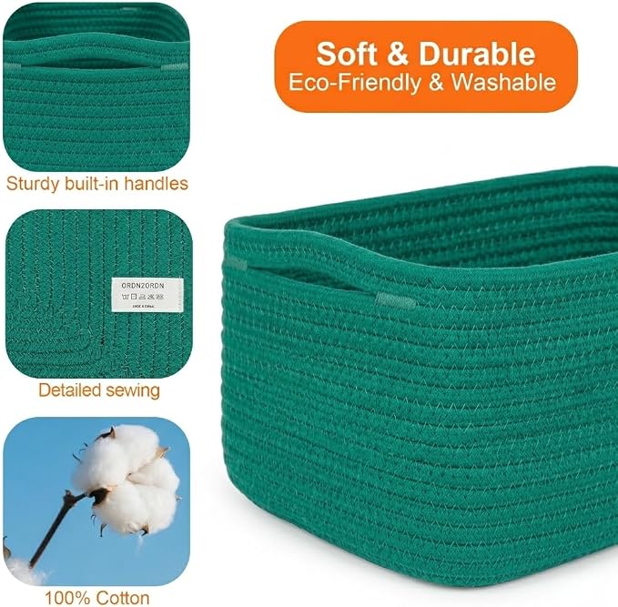 Small Storage Baskets for Organizing, Woven Storage Bins for Shelves, Gift Basket Empty, Cute Decorative Closet Organizer, Baby Rope Basket, Dog Toy Storage, 13.2x8.2x5.2”, 3Packs Green