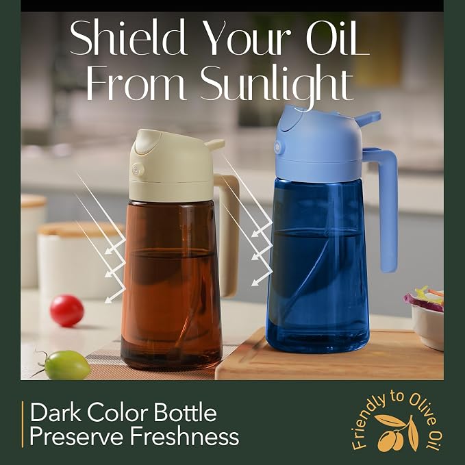 YARRAMATE 16oz/470ml Light-Blocking Dark Oil Sprayer for Cooking, 2 in 1 Olive Oil Dispenser Bottle for Kitchen, Premium Blue Glass Oil Bottle, Food-Grade Oil Mister for Air Fryer, BBQ (Skyblue)