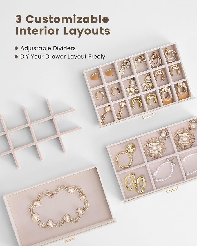 Lolalet Earring Organizer, Jewelry Box with Clear Lid -Beige, 5 Layer | PU Leather, Velvet, Removable Dividers, Dustproof, Easy Clean, For Studs Rings, Gift for Women Girls, Home Aesthetic Decor