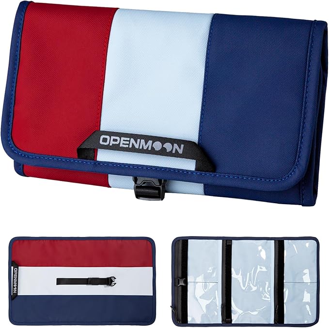 OPENMOON Multi-Purpose Storage Bag, Tri-Fold Design, 5 Compartments, Splash-Proof, for Cables, Toiletries, Makeup (Red + Blue)