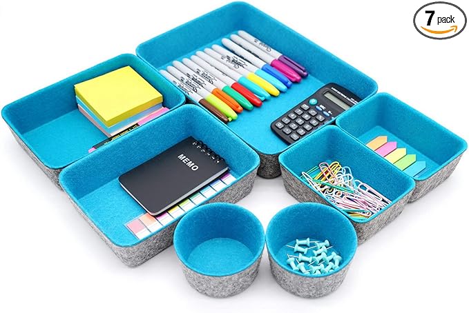 Welaxy Drawer organizers bins felt tray desk storage bins dividers small organizing box for office supplies closet cabinet makeup holder Fall room decor 7-piece (Turquoise)