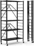 5 Tier Foldable Storage Shelves, Expandable Folding Shelving Units with Wheels, Changeable into 2 Shelf Units, Collapsible Adjustable Storage Rack Metal Shelves for Storage, Pantry, Garage, Kitchen