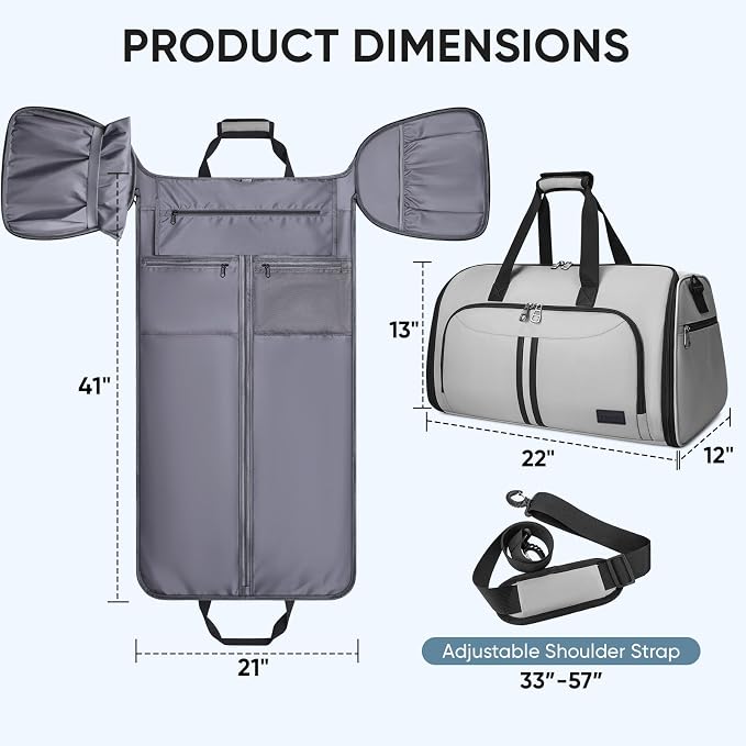 BALEINE Travel Garment Bag, Travel Suit Bag for Men, Water Resistant Carry on Garment Bag for Hanging Clothes, Garment Duffel Bag for Travel Business (Gray-Convertible)
