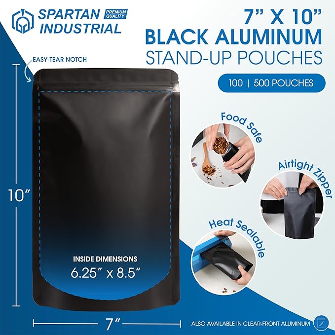 Spartan Industrial 7" X 10" Matte Black Stand-Up Pouches - 500 Count Smell-Proof Mylar Bags for Food Storage With Heat Sealable Opening and Resealable Zipper