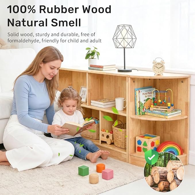 WINGYZ Rubber Wood Corner Cabinet, 2-Tier Montessori Shelf 11.8" L Bookcase | Toy Storage Organizer, 150lb Capacity, Montessori Bookshelf for Kids Rooms, Classroom, Playroom, Nursery, Daycare, Child-Safe