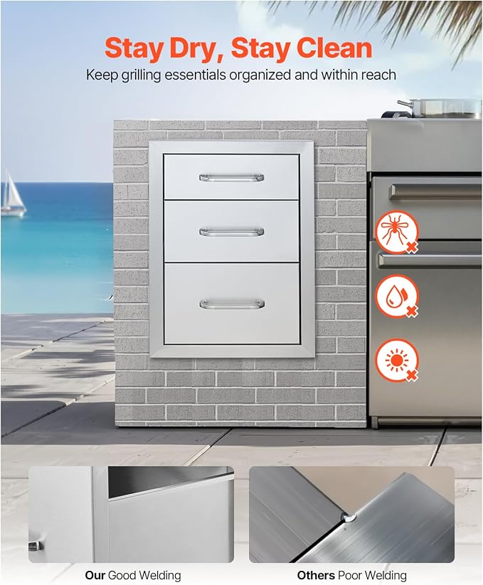 VEVOR 14x20.3 Inch Outdoor Kitchen Drawers Stainless Steel, Flush Mount Triple Drawers, 14W x 20.3H x 23D Inch, with Stainless Steel Handle, Outdoor Kitchens or BBQ Island