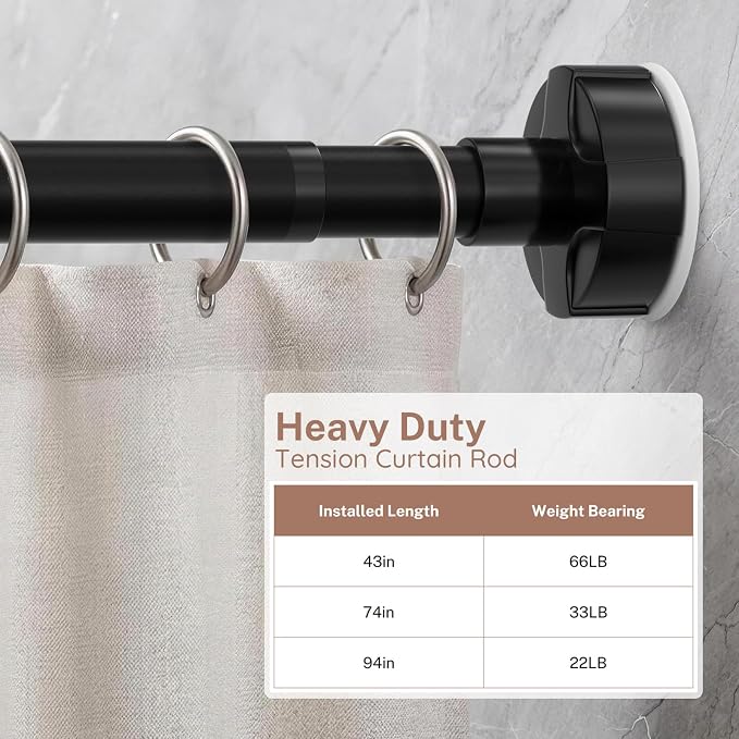 Shower Curtain Rod Tension No Drill Adjustable 48-74 Inch, Black | One-Piece Single Telescopic Rod No Splicing, 1" Diameter Anti-Rust Heavy Duty for Bathroom Window Room Divider Bedroom Closet