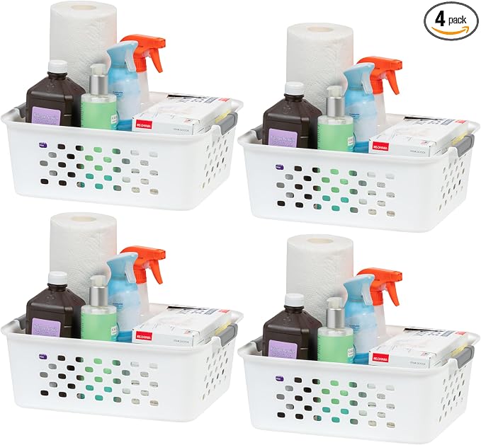 IRIS USA 4-Pack, Medium Plastic Storage Basket, White | Organize pantry items, office supplies, crafts, accessories, and household essentials with easy-carry storage for shelves