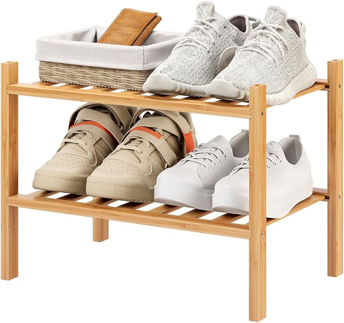 Small Shoe Rack, 2-Tier Bamboo Stackable Shoe Shelf Storage Organizer, Shoe Stand for Closet, Entryway and Hallway