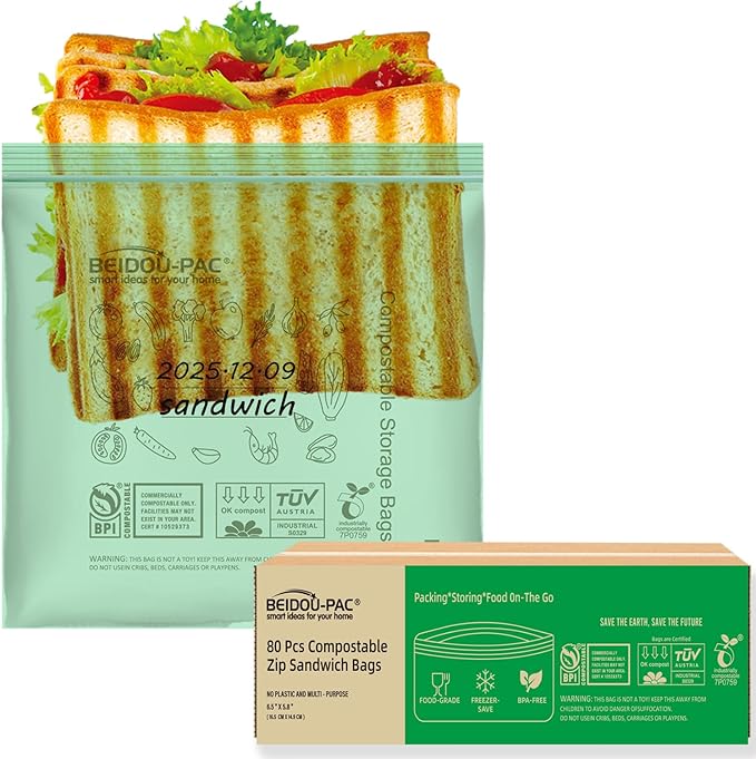 BEIDOU-PAC Compostable Sandwich Food Storage Freezer Bags, 80 Count | 2 Mil | 6.5 IN x 5.8 IN, Freshness Easy Open Biodegradable Eco-Friendly Reclosable Compost Zip Bags