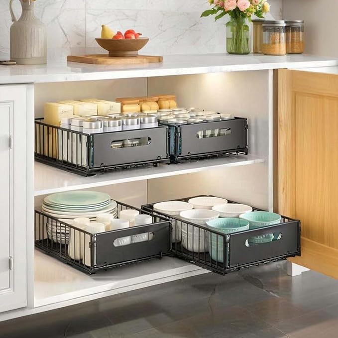 Slide-Out Storage Organizer 9.6"x14.8"x4" Matte Black Rustproof Carbon Steel Pull Out drawer Tray with Adhesive Taps and Screw Installation for Bathroom Cabinet,Under Sink, Dresser