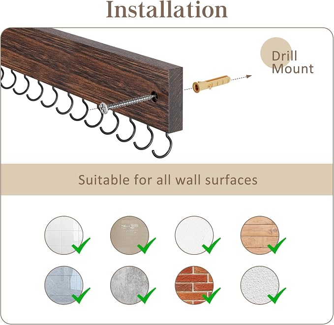 Lolalet Wooden Necklace Holder for Wall with 15 Hooks -2 Set, Brown | Wall Mount Jewelry Hangers for Necklaces, Chains, Bracelets and Earrings, Tangle-free, Easy to Install