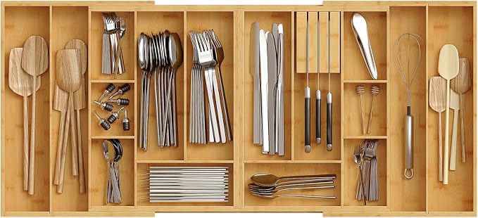 HOOBRO Large Silverware Organizer Kitchen Drawer Organizer, Magnetic Connected Expandable Utensil Organizer From 22.8 to 35.4 Inches, Bamboo 16 Slots Cutlery Tray with Knife Holder, Natural YL07TL01