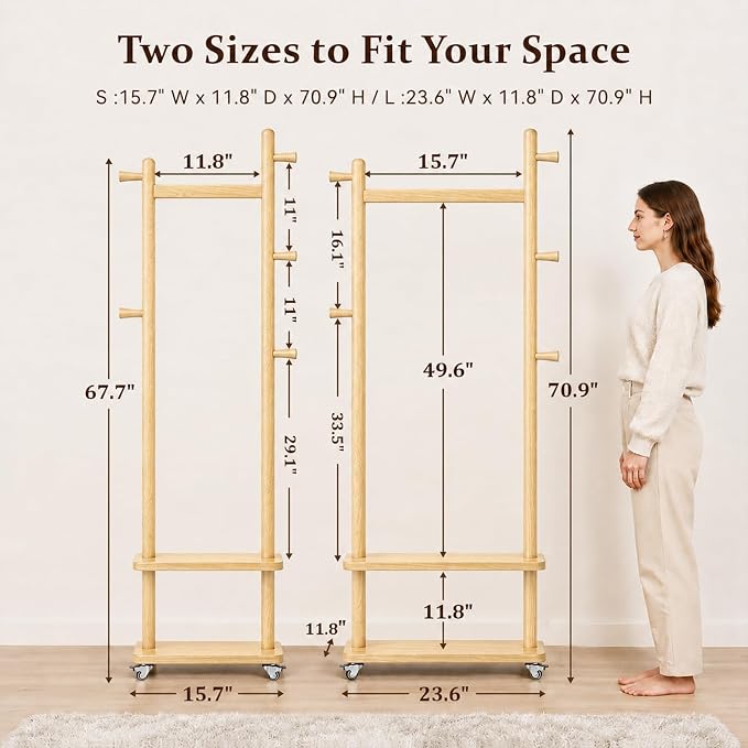 Taitiy Coat Rack Freestanding Clothing Rack with Wheels & 2 Shelves Storage & 5 Hooks Heavy Duty Clothes Rack Wood Coat Tree Stand Hat Hanger Rack for Corner Bedroom Entryway Living Room Hotel Size L