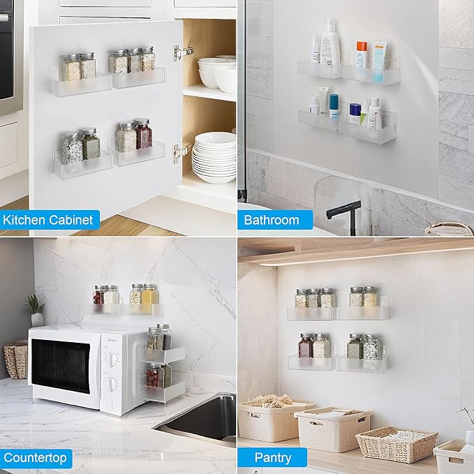12 inch Spice Rack Wall Mounted,4 Pack Spice Organizer Shelf for Stove Cabinet Pantry Door, Adhesive or Screw Hanging Wall Spice Shelf Storage Holder in Kitchen and RV - Frost Color