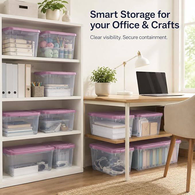 66 Quart Clear Plastic Storage Container with Latch Lid, Purple, 6 Pack | Clear Base & Lid, Secure Purple Latches, Recessed Stacking, 66Qt Capacity, BPA-Free Plastic