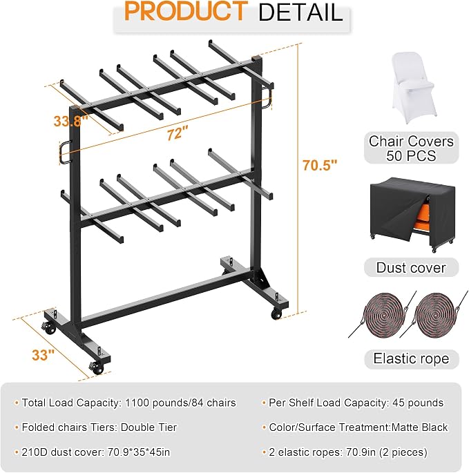 SPECRAFT Folding Chair Rack, Holds 12 Tables or 84 Chairs with 50 PCS Chair Covers, 1100 lbs Capacity, Heavy-Duty Cart with Wheels, Elastic Cords, Cover, Glossy Black