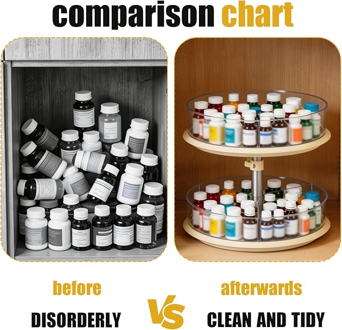 2 Tier Lazy Susan Turntable Organizer for Medicine Cabinet, 11 Inch White Rotating Spice Rack for Countertop, Pantry, Bathroom, Clear Large Storage for Bottles and Jars