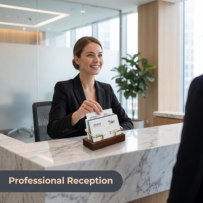 Solid Walnut Wood Business Card Holder, Brass Metal Arc Baffle Desktop Name Card Display Stand for Office Reception, Trade Show and Desk Organization Black