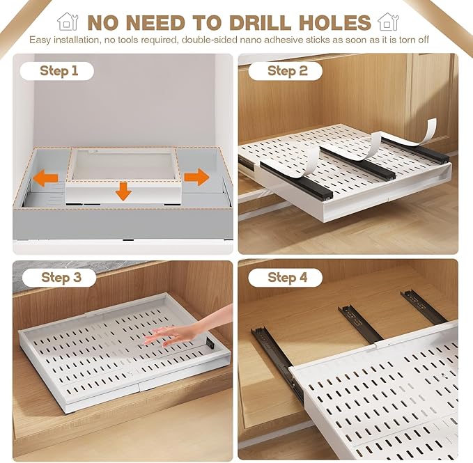 Seinloes 2 Pack Pull Out Cabinet Organizer With Raising Pad for Framed Cabinets,Expandable Width (11"-16") and Depth (13"-17"),3 Slide Rails Slide Out Drawers with Handle,No-Drill Roll Out Shelf,White