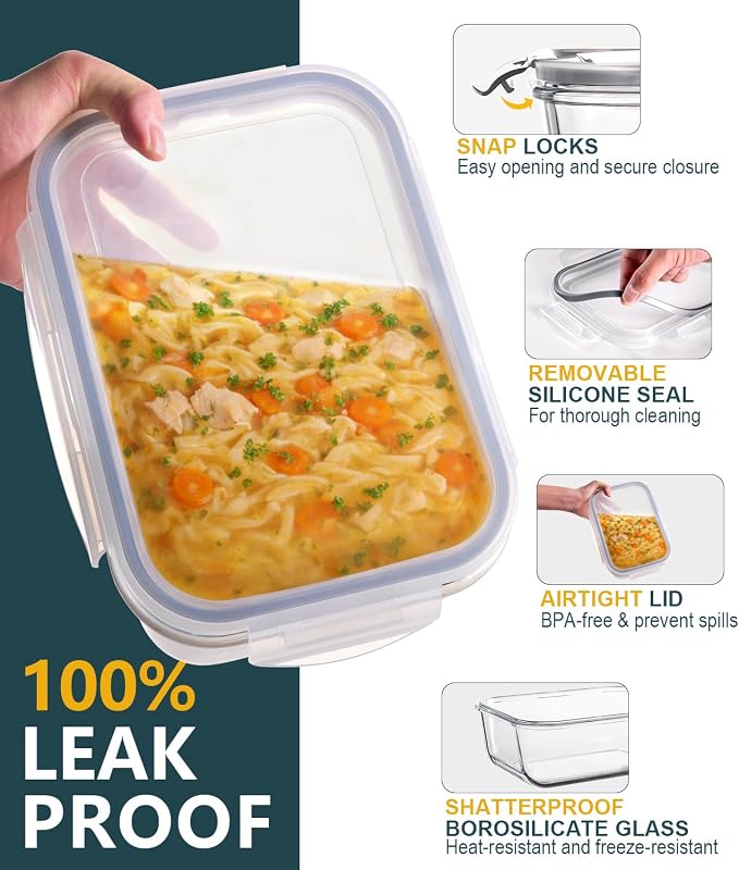 2 Pack 63oz Large Glass Food Storage Containers with Lids, Leak-Proof & Airtight Meal Prep Food Container Set for Family Meal, Leftovers, Baking, Microwave, Oven, Freezer & Dishwasher Safe