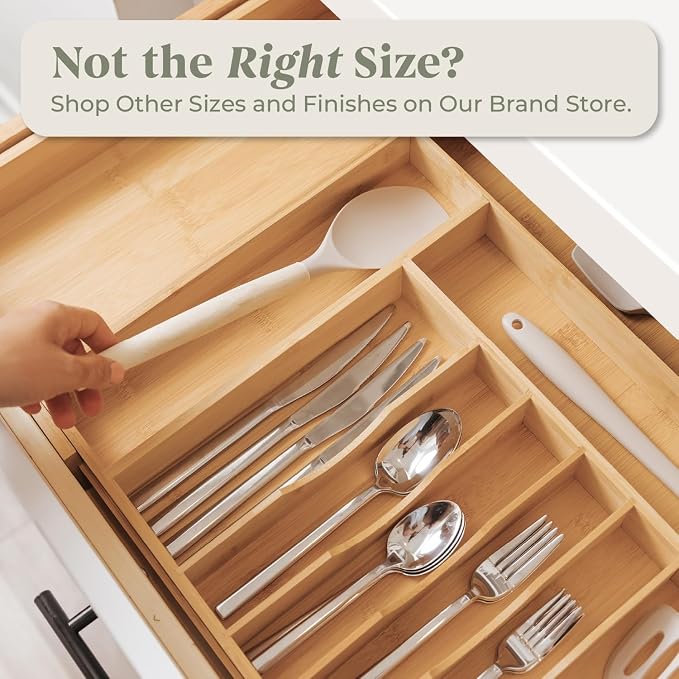 KitchenEdge Premium Silverware, Flatware and Utensil Organizer for Kitchen Drawers, Food-Safe Contract Grade, Expandable from 18 to 33 In, Natural Bamboo