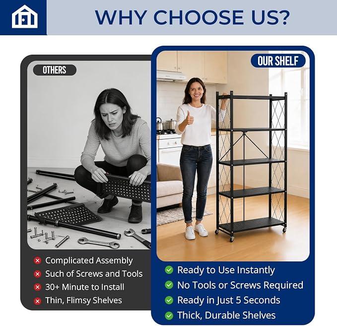 5 Tier Foldable Storage Shelf with Wheels, Heavy-Duty Metal Shelving Unit, No Assembly Book Shelf Rolling Storage Rack for Garage, Kitchen, Pantry, Closet, Exhibition, Office Decor, Black