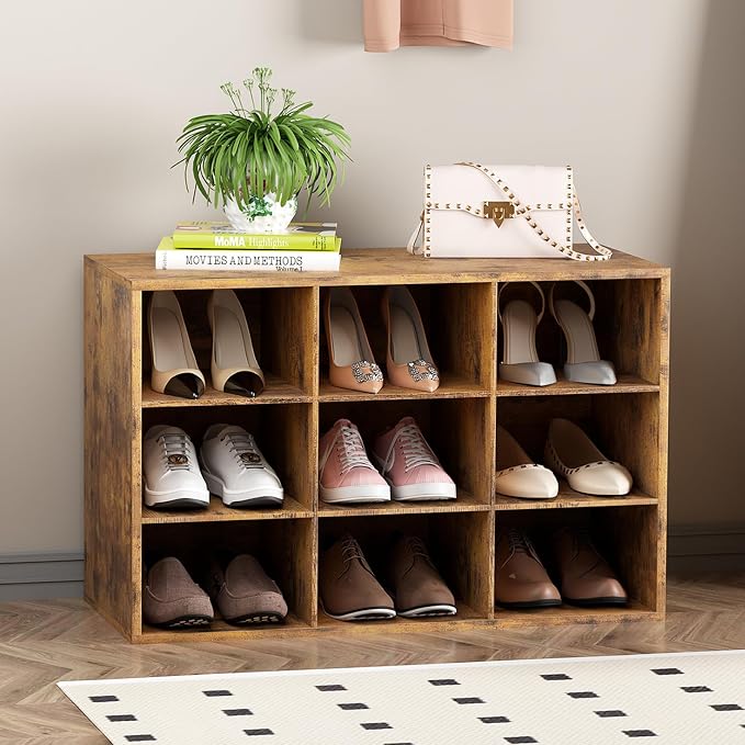 Shoe Storage Bench Cubby with 9 Cubbies, Wood Shoe Rack Organizer Cabinet | 9 Cubbies