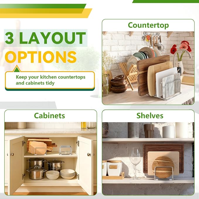 304 Stainless Steel Cutting Board Organizer Rack Cutting Board Holder Stand with Compact 4 Slots Cookie Sheets Organizer for Kitchen Countertop and Cabinet Storage, 1.0 & 1.2 Inch Wide Slots