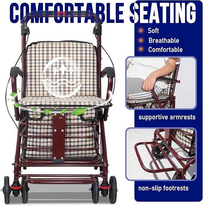 Foldable Shopping Cart with Seat, All-Terrain Wheels, 220 lbs Capacity, Comfortable Thickened Cushion, Easy to Fold and Store, FitS 59-72 Inches, 220lbs, Red