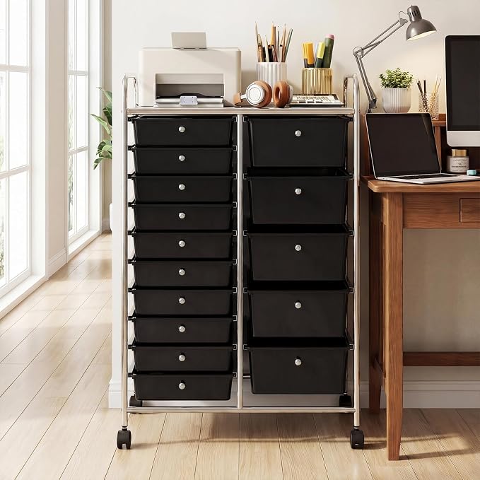 DREAMADE 15-Drawer Rolling Storage Cart, Mobile Craft Cart, Black | Utility Organizer with Lockable Wheels, Removable Plastic Drawers and Metal Frame for Home Office, Classroom and Studio
