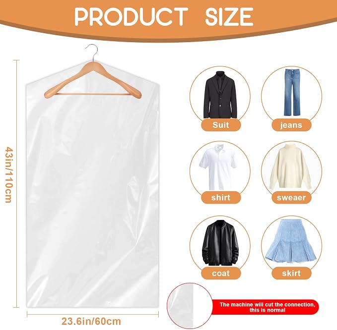 Garment Bags for Hanging Clothes,90 PCS Dry Cleaning Bag,Dry Cleaner Bags Plastic Clear 43 Inches,Plastic Cover for Clothes,60x110cm
