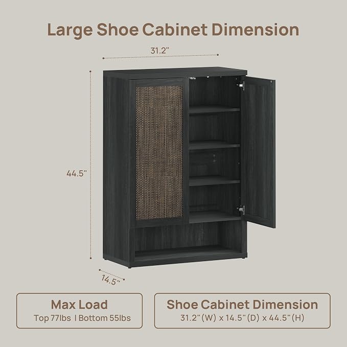SICOTAS 31.2" Wide Rattan Shoe Storage Cabinet for Entryway with 2 Doors | Rattan Shoe Cabinets with Doors, Tall Shoe Storage Organizer and Display Cabinet for Entryways, Hallways, and Living Rooms