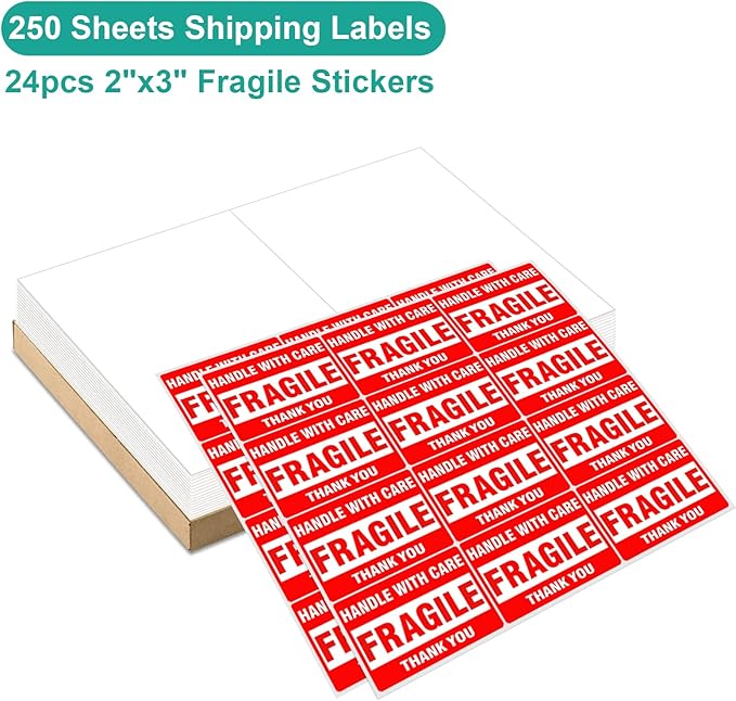 MFLABEL Half Sheet Shipping Labels - 500 Self Adhesive Sticker Sheets for Laser & Inkjet Printers, Waterproof & Smudge-Free, with 12 Free Fragile Labels for Packaging, Shipping and Crafting
