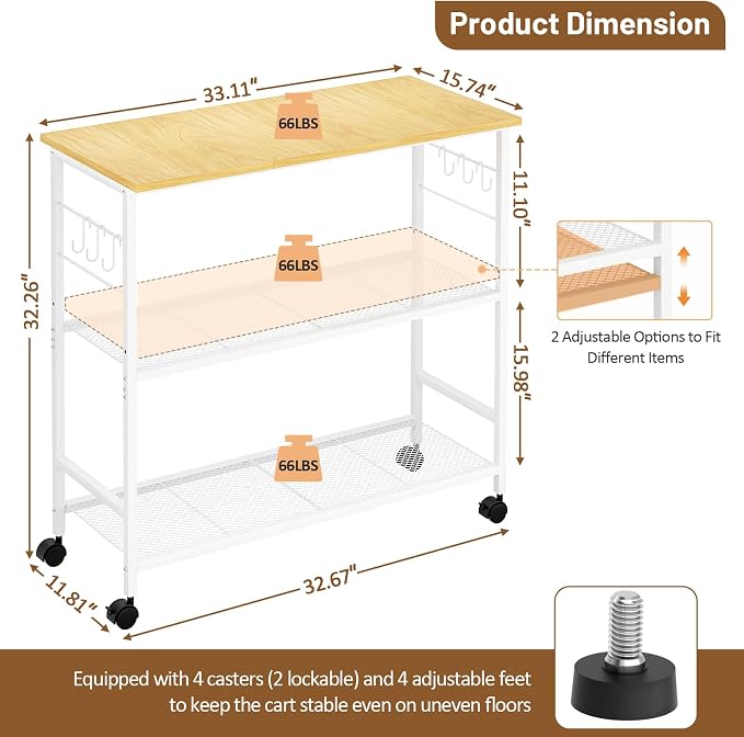 3 Tier Rolling Kitchen Microwave Cart, 33 Inch Microwave Table Stand with Adjustable Shelf, Kitchen Storage Island Utility Cart on Wheels, Bakers Rack Coffee Bar for Living Room, Office, White