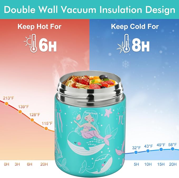wiwens 12oz Soup Thermo for Hot Food Kids Insulated Food Jar Wide Mouth Lunch Container Leak Proof Stainless Steel Vacuum Bento Box for School Office Travel Outdoors Green-Mermaid